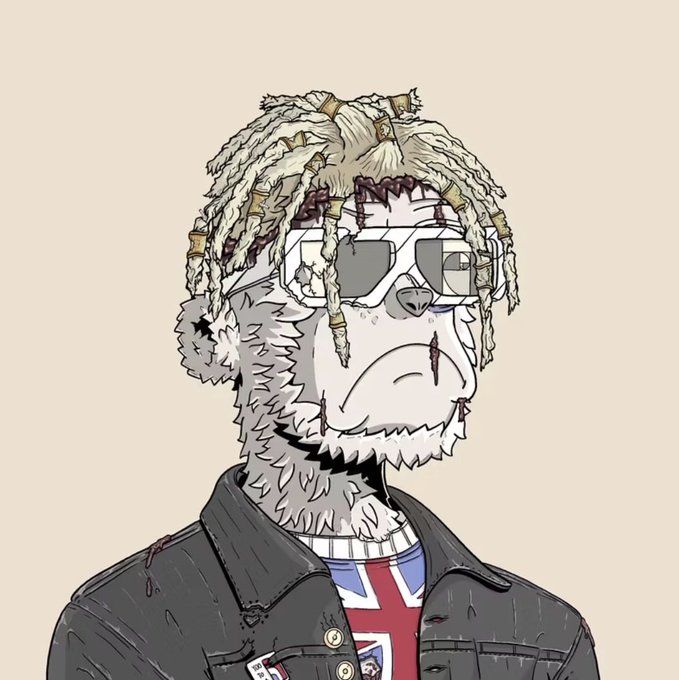 A digital illustration of a stylized monkey-like character with blonde dreadlocks, wearing sunglasses and a jacket over a Union Jack shirt, featuring visible stitched scars on its face.