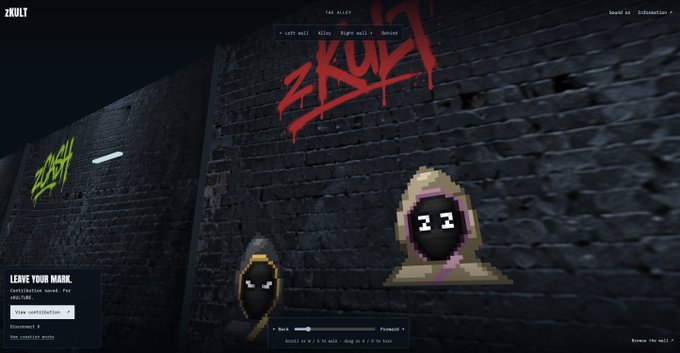 A webpage for ZKULT featuring pixel art hooded characters and graffiti on a brick wall, with a "Leave your mark" contribution interface and menu options for Left Wall, Alley, Right Wall, and Above.