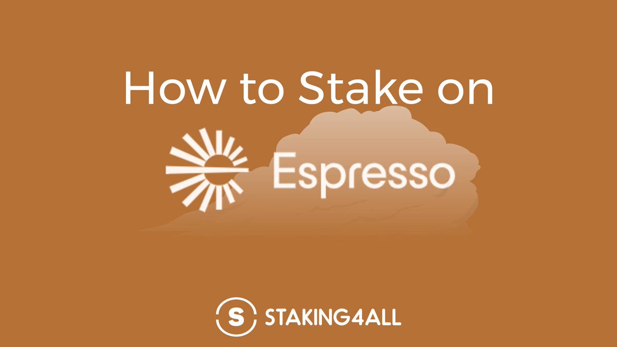 A graphic with the text "How to Stake on Espresso" displayed alongside the Espresso logo (a sun/cloud design) on a warm orange-brown background, with the "Staking4All" logo at the bottom. The image serves as a header for a tutorial post about staking ESP tokens with Staking4All as a validator on the Espresso network.