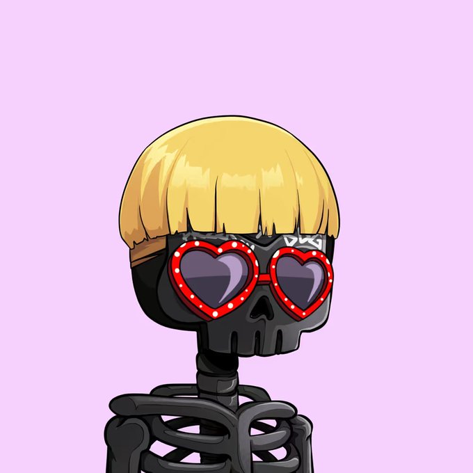 An illustration of a skeleton wearing a blonde bob wig and red heart-shaped sunglasses decorated with white dots against a light purple background.
