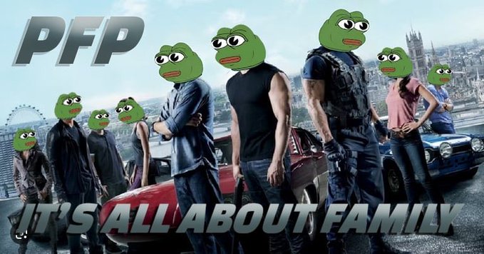 The image features a group of people with frog heads standing next to cars and buildings, all wearing the same green frog headings as part of an advertisement for the movie $PFP. The text "It's all about family" is written above them in white letters.