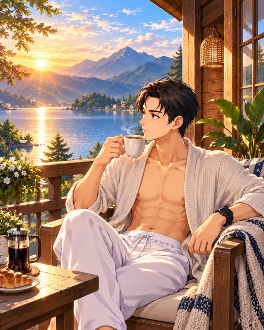 An anime-style illustration of a shirtless, athletic young man with dark hair wearing an open cream-colored cardigan and white pants, sitting on a wooden chair and drinking from a cup while overlooking a serene lake and mountain landscape at sunset.