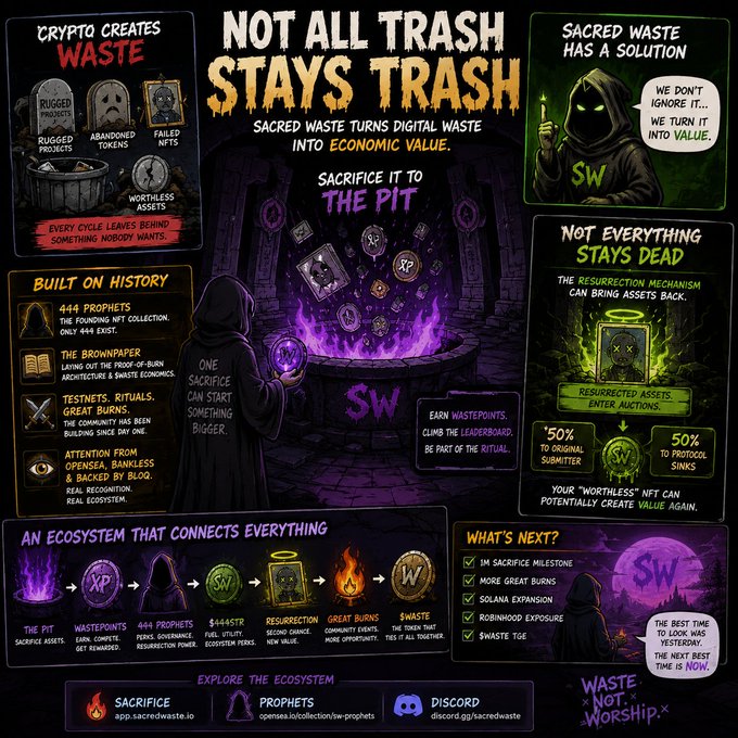 An infographic for 'Sacred Waste' (SW) titled 'NOT ALL TRASH STAYS TRASH' explains how crypto waste is turned into economic value through sacrifice, featuring sections like 'Crypto Creates Waste,' 'Built on History,' and 'The Pit.'