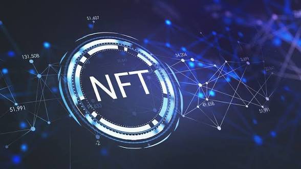 A digital graphic with 'NFT' displayed inside a glowing blue circular tech interface, surrounded by network nodes and numerical data.