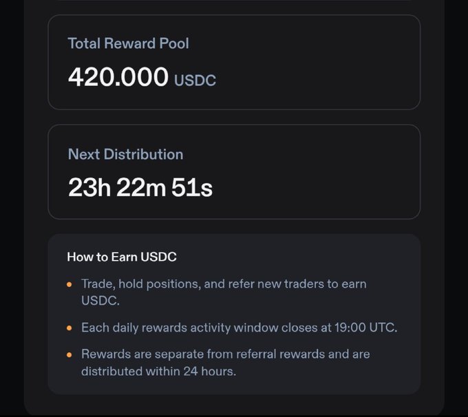 A digital interface displaying a Total Reward Pool of 420.000 USDC, with a countdown timer of 23h 22m 51s until the next distribution, and instructions on how to earn USDC.