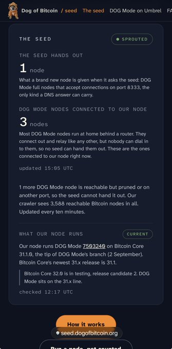 A webpage screenshot showing 'Dog of Bitcoin / seed' with sections titled 'THE SEED', 'THE SEED HANDS OUT 1 node', and 'DOG MODE NODES CONNECTED TO OUR NODE 3 nodes', along with details on node operations and Bitcoin Core versions.