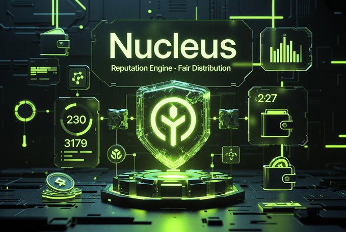 A futuristic digital graphic displaying 'Nucleus - Reputation Engine - Fair Distribution' with a glowing green shield emblem surrounded by tech HUD elements and numbers like 230 and 3179.