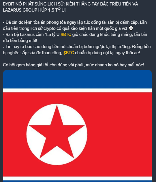 A Vietnamese-language post about Bybit with the headline 'BYBIT NỔ PHÁT SÚNG LỊCH SỬ' discussing a court ruling against Lazarus Group and featuring the North Korean flag.