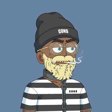 A cartoon NFT avatar of a bearded man wearing glasses, a black 'CONS' beanie, a striped shirt, and a chain necklace, holding a cigarette.
