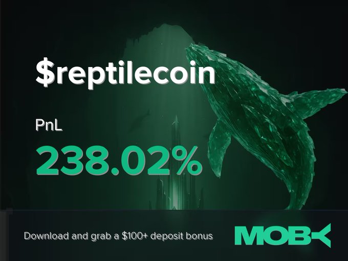 The image is a promotional graphic from Moby featuring $reptilecoin with a large green sea turtle rising from underwater, highlighting a PnL of 238.02% alongside a "$100+ deposit bonus" download call-to-action, visually celebrating the trader's profitable close noted in the post.