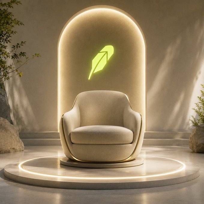 A cream-colored modern armchair sits on a circular illuminated pedestal, with a glowing green feather/quill symbol displayed above it against a softly lit archway.