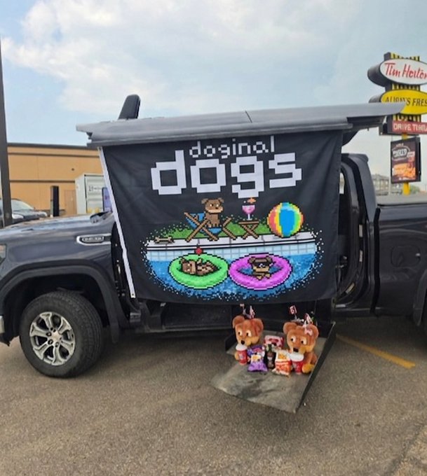 A black pickup truck displays a pixel-art banner reading 'dosinal dogs' featuring cartoon dogs in a pool, parked outside a Tim Hortons.
