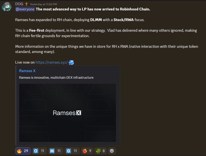 A Discord announcement from DOG announces that Ramses has expanded to Robinhood Chain with a DLMM Stock/RWA focus, linking to https://ramses.xyz/.