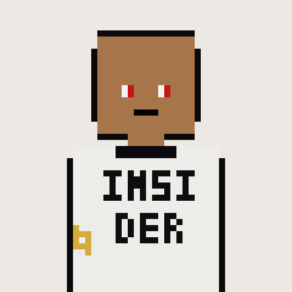 A pixel-art character with red eyes wears a white shirt reading "IHSI DER," appearing to promote an "Insidooors" NFT whitelist of 200 spots for the project "stopgame.fun."