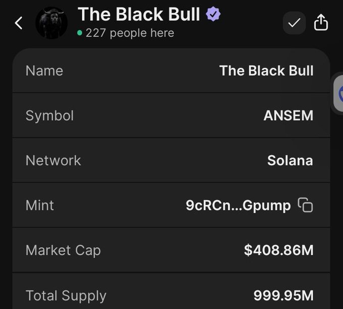A cryptocurrency details screen for 'The Black Bull' token on the Solana network, showing symbol ANSEM, 227 people present, a market cap of $408.86M, and a total supply of 999.95M with mint address starting 9cRCn...Gpump.