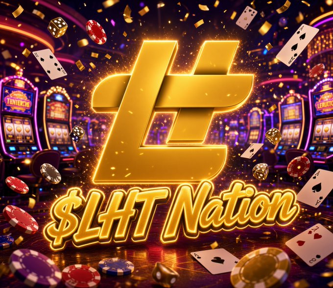A graphic featuring a large gold Litecoin (LTC) logo with the text '$LHT Nation' overlaid on a casino-themed background filled with slot machines, poker chips, playing cards, dice, and falling gold confetti.