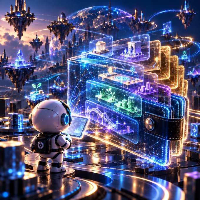 A small white robot with blue glowing eyes stands before a large glowing holographic wallet interface displaying financial charts, plants, and a globe with floating city islands in the background.