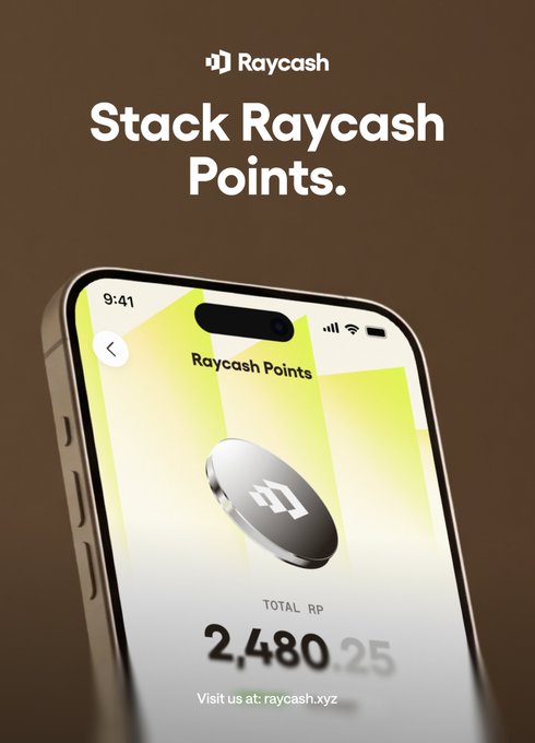 A Raycash advertisement showing a smartphone displaying 'Raycash Points' with a balance of '2,480.25 TOTAL RP'.