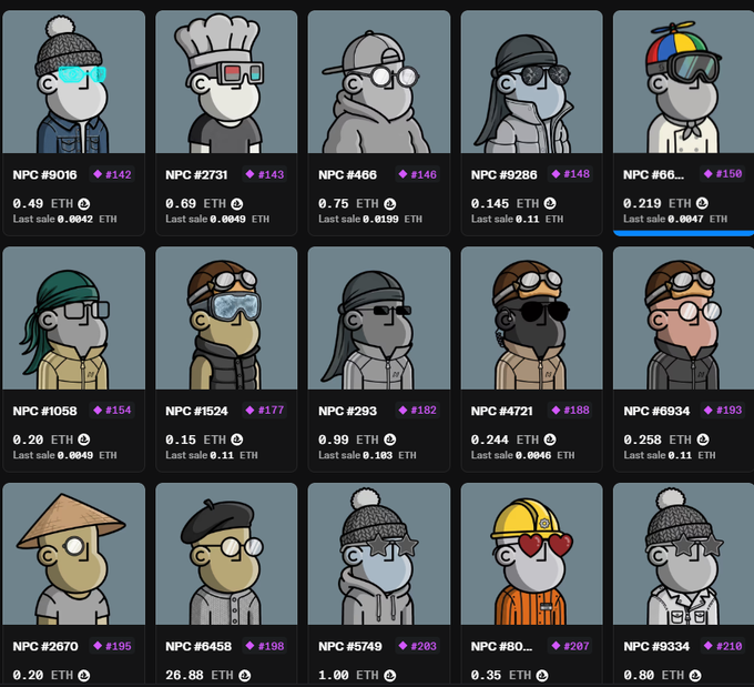 The image features a grid of 16 different characters, each with their own unique style and appearance. These characters are dressed in various outfits and hats, showcasing a diverse range of fashion choices. The characters include cartoon-like figures such as a chef, a baker, and even a pirate. They are all displayed against a blue background, making them stand out prominently. The post seems to be promoting or discussing these characters on an NFT exchange platform, with the text "For some reason I really really like the look, vibe and energy of @npconchain Don'T know too much about the project or team behind it But... Keep coming back to OS and looking whats listed".