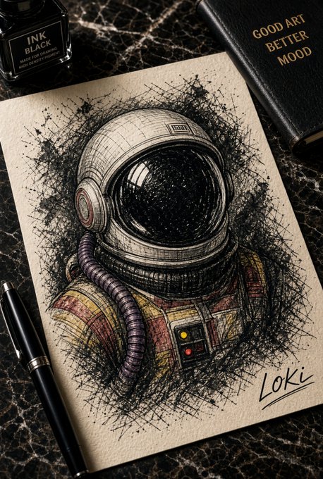 An intricate ink and colored pencil drawing of an astronaut in a space suit with a reflective helmet showing stars, signed 'LOKi' in the bottom right corner, displayed next to a bottle of 'INK BLACK' ink and a notebook reading 'GOOD ART BETTER MOOD'.