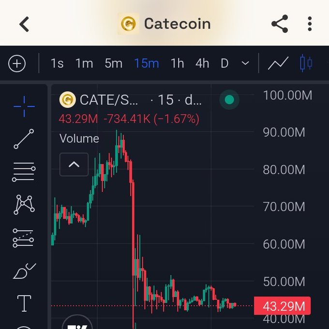 A TradingView candlestick chart of Catecoin (CATE) on a 15-minute timeframe shows the token currently at 43.29M, down 734.41K (-1.67%), with price action illustrating a sharp crash from the ~90M range followed by stabilization in the low 40Ms—visually supporting the post's point about the token finding solid support after massive selloffs.