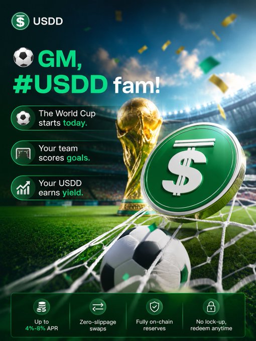 The image features a soccer ball, a trophy, and a soccer net with a green soccer ball sitting on top of them. The background shows a stadium filled with people watching a soccer game. The text in the image reads "GM, #USDD fam! The World Cup starts today. Your team scores goals. Your USDD earns yield. Don'T forget to join our World Cup campaign and share a 200 USDD prize pool!"