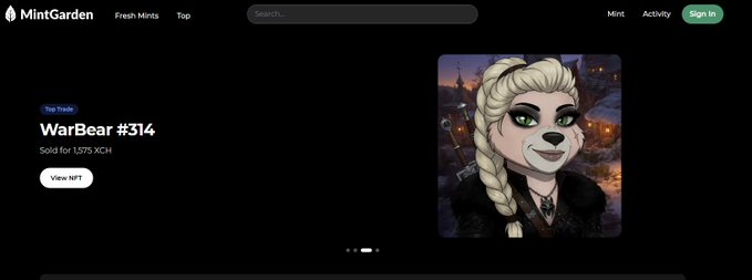 A screenshot of the MintGarden NFT marketplace displays a listing for "WarBear #314" sold for 1,575 XCH, featuring an illustration of a blonde warrior woman with a bear face.