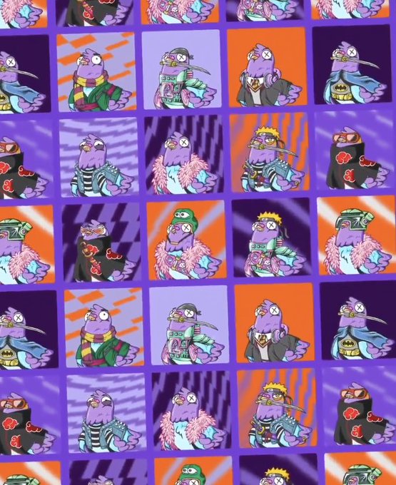 A grid displays various PFP-style NFT characters, likely from the Wingston collection on RallyOnChain, featuring purple creatures with different accessories like feather boas, masks, and hats against colorful patterned backgrounds.