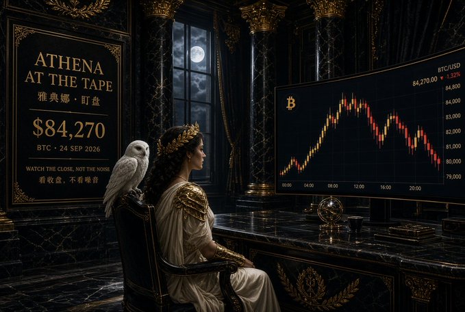 A dark, gothic-style digital artwork titled 'ATHENA AT THE TAPE' showing a woman in a gold dress with a white owl sitting in a dark room, watching a Bitcoin price chart displaying 'BTC/USD 84,270.00 +1.32%' alongside text 'WATCH THE CLOSE, NOT THE NOISE'.