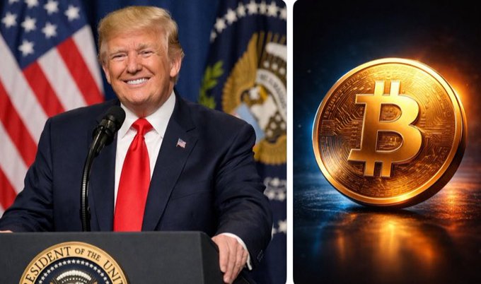 A split image showing Donald Trump smiling at a podium with the presidential seal on the left, and a golden Bitcoin coin against a dark, glowing background on the right.