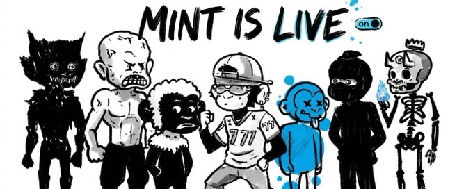 The image features a cartoon illustration of seven different characters standing next to each other against a white background. The text "Monx Mint is LIVE" is written above them, indicating that they are the first group of characters minted by Monx. The post also mentions that the wait for these mints is over and encourages people to mint their pieces with 77 XRP.