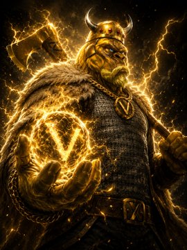 A fierce, horned warrior surrounded by fiery golden lightning powers clutches a glowing V-shaped emblem, with chains and a matching "V" belt buckle reinforcing the bold branding tied to the "TOP DOGS" leaderboard and mvanfts.com promo. The warrior's commanding, battle-ready stance visually embodies the dominance and glory promised to top performers on the weekly ranking.