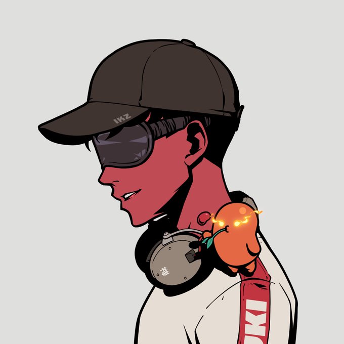 A stylized illustration shows a profile of a person with red-toned skin wearing a dark cap marked "IKZ," dark sunglasses, and white headphones around their neck, with a small orange glowing fruit character perched on their shoulder and "IKI" text visible on their red-and-white jacket strap — the "IKZ" branding tying into the "GM legends" greeting.