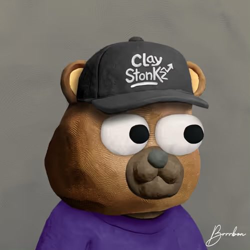 A 3D rendered brown bear-like character wearing a black cap that says "Clay Stonks" and a purple shirt.