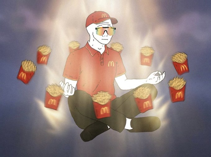 An illustration of a McDonald's employee wearing an orange uniform and cap, sunglasses, sitting cross-legged in a meditative pose surrounded by floating McDonald's french fry boxes with a glowing aura.