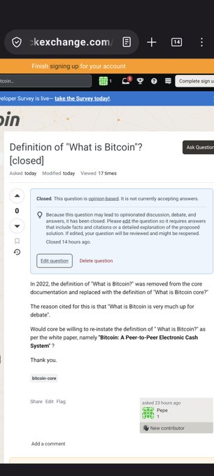 A screenshot of the stackexchange.com forum showing a closed question titled 'Definition of "What is Bitcoin"?' with 0 votes.