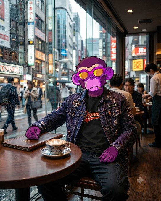 An AI-generated image of a figure with a purple monkey head wearing yellow goggles, a denim jacket with patches, and a 'Depeche Mode' t-shirt, sitting at a coffee shop table with a cup of coffee and a notebook, with a rainy Japanese city street visible through the window.