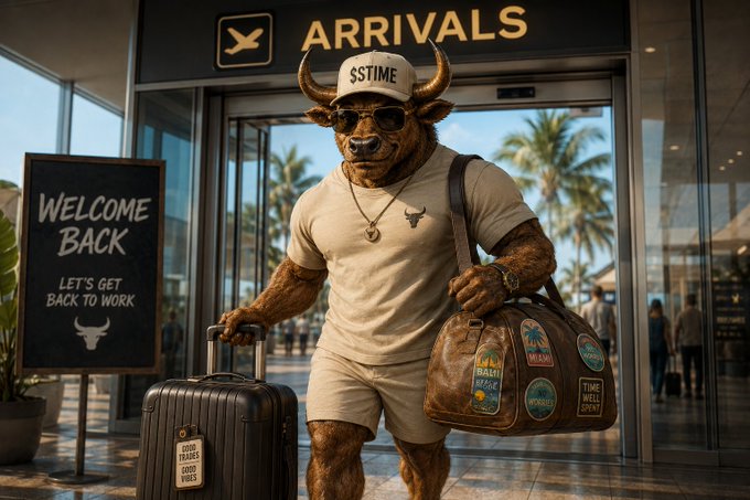 An anthropomorphic bull wearing a 'S$TIME' cap and sunglasses stands at an airport arrivals gate with a 'WELCOME BACK - LET'S GET BACK TO WORK' sign, holding a suitcase and a travel bag covered in stickers.