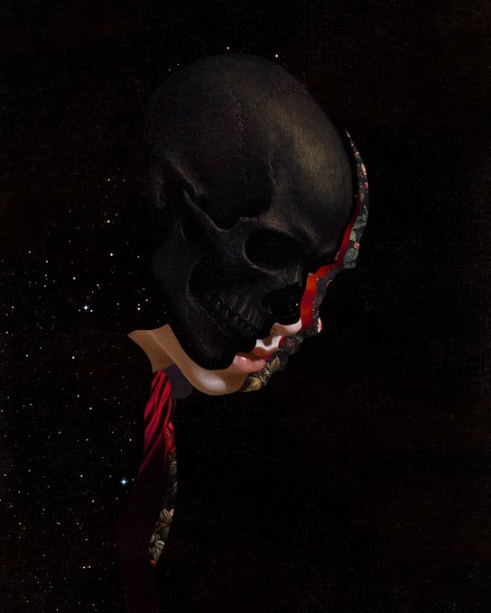 A dark, stylized artwork of a fragmented skull with a red geometric section, set against a starry black background.