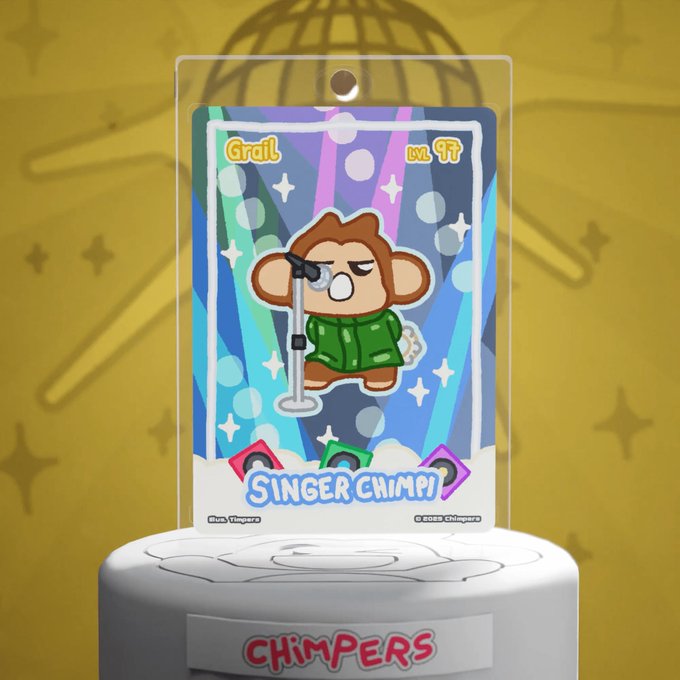 A collectible card labeled 'SINGER CHIMPI' from the 'Grail' set (LVL 99) depicts a cartoon monkey in a green jacket at a microphone stand.