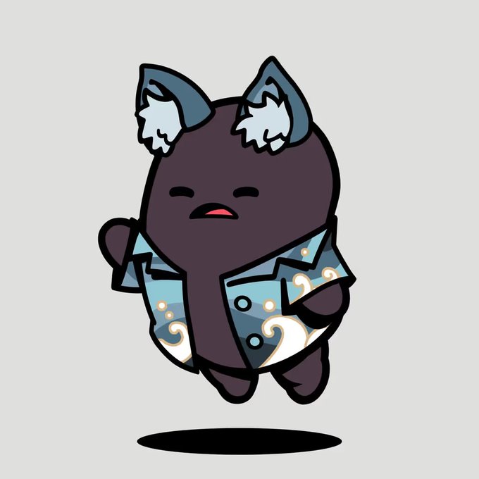 A cartoon illustration features a dark purple, blob-like creature with white-tipped ears wearing a blue and white patterned kimono-style garment.