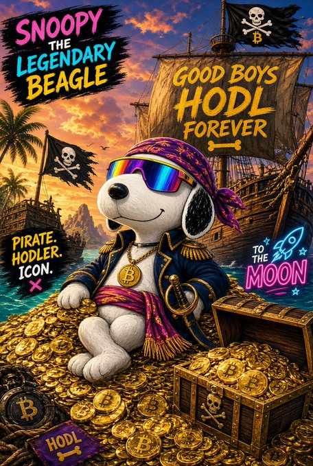 An illustration shows Snoopy dressed as a pirate sitting on a pile of Bitcoin with text reading 'SNOOPY THE LEGENDARY BEAGLE', 'GOOD BOYS HODL FOREVER', 'PIRATE. HODLER. ICON.', and 'TO THE MOON'.