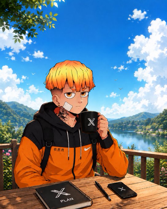 An anime-style illustration depicts a boy with orange hair and bandages drinking from a mug marked with an "X" logo, seated at a table with an "X PLAN" notebook under a bright sky.