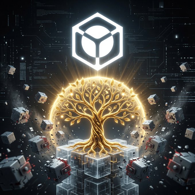 A digital illustration showing a glowing golden tree growing from a cube structure, with a cryptocurrency logo at the top and floating cubes surrounding it.