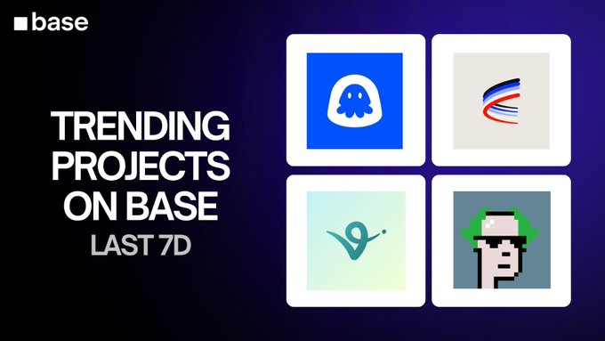 Graphic titled 'TRENDING PROJECTS ON BASE LAST 7D' displaying four square icons, including a blue octopus-like character and pixel art figures.