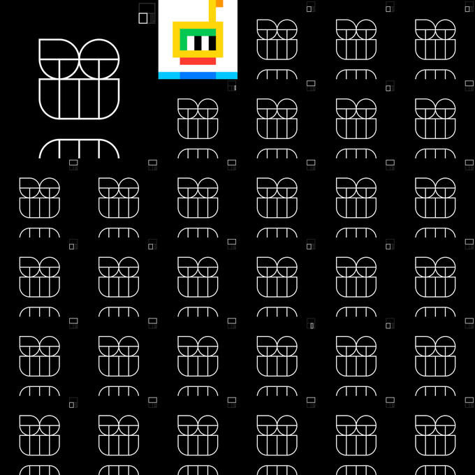 A pixel art sprite sheet featuring multiple identical white outlined icons arranged in a grid on a black background, with a small colored character sprite at the top center.