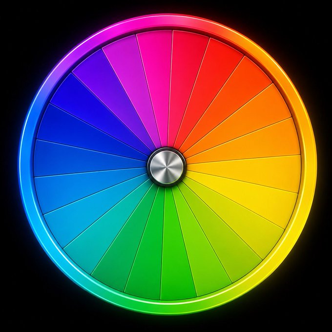 A brightly colored, segmented color wheel with a neon glowing outline, displaying a full spectrum from red to violet around a silver center button.