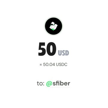 A screenshot of a Ramp Network payment confirmation showing a transfer of $50 (≈ 50.04 USDC) sent to @sfiber.