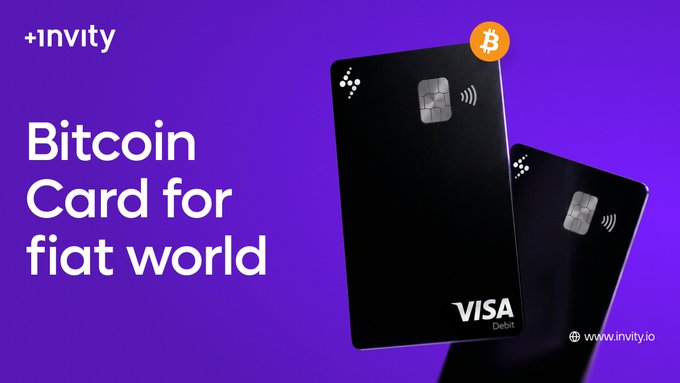 Promotional banner for '+invity' featuring a black 'Bitcoin Card' VISA Debit card on a purple background.