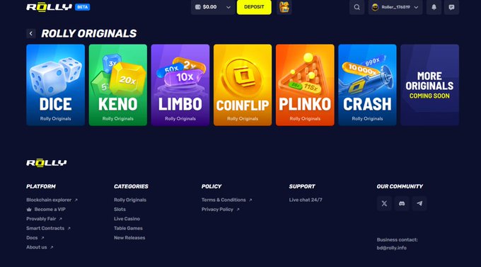 The image shows the Rolly Beta platform's homepage featuring a "Rolly Originals" section with six game tiles: Dice, Keno, Limbo, Coinflip, Plinko, and Crash, along with a "More Originals Coming Soon" tile. The accompanying post describes the user exploring Rolly's no-KYC onboarding and game library, highlighting Crash as their standout pick—matching the prominently displayed Crash game tile in the image.